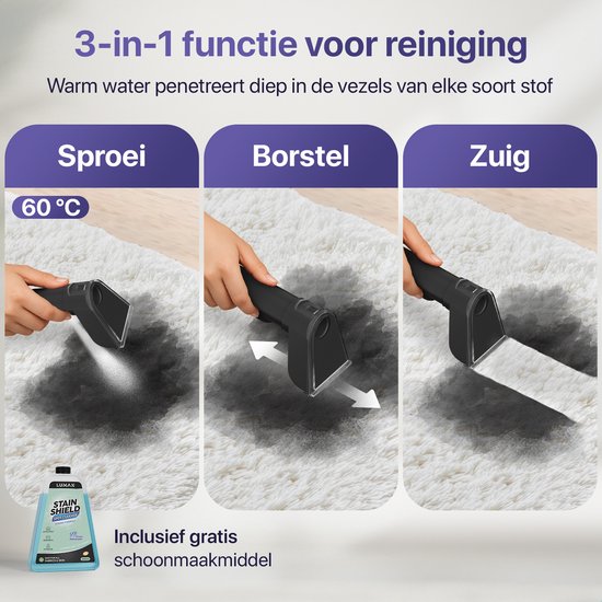 LUMAN 4-in-1 Tapijtreiniger – Zelfreinigend – Voor Bank, Vloer & Auto – 4 Borstels – Incl. Schoonmaakmiddel