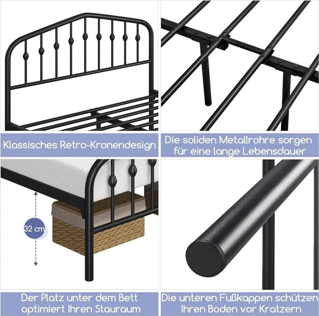 Yaheetech Metalen Bedframe - 140x200 cm - Vintage - Met Hoofdbord - Zwart - Industrieel Design