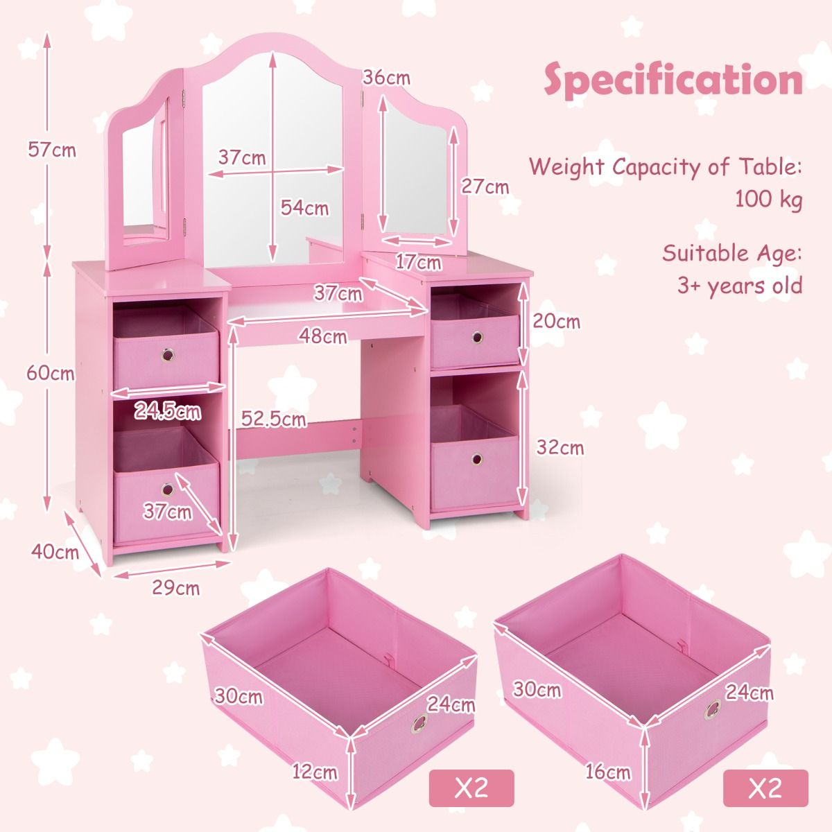 Coast Kinderkaptafel en Schrijftafel - Afneembare Driewegspiegel - Met Opbergbakken - Roze