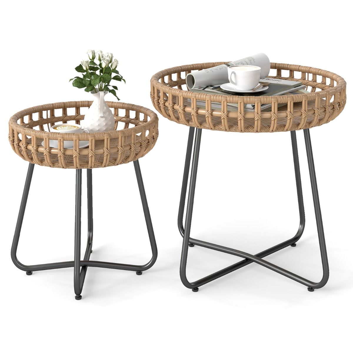 Coast Set van 2 Ronde Salontafels - Handgeweven rotan - Metalen onderstel - Bruin en zwart
