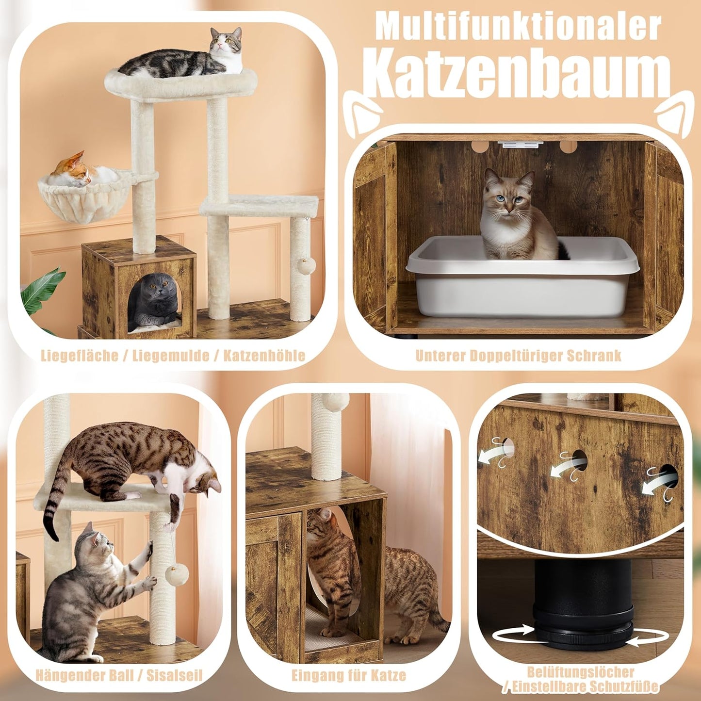 Yaheetech Kattenboom - 134,5 cm Krabpaal met Kattenbak - Holletje en Ligkom - Vintage Bruin-Beige