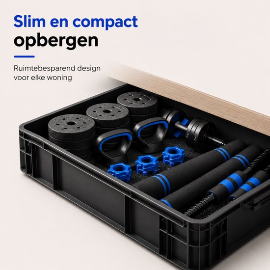 Sportfloww Dumbbells 28.5 KG – Halterset - Gewichten Set met Kettlebell, Barbell, EZ curl bar & AB roller – Verstelbare dumbells