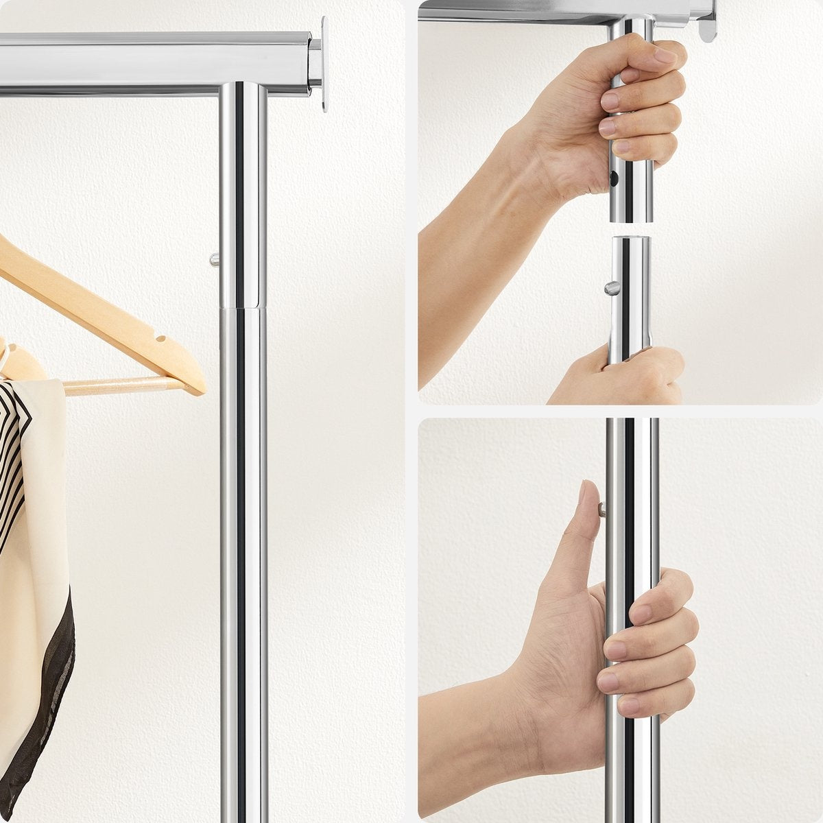 O'DADDY® Kledingrek op Wieltjes  - Verstelbare & Uitschuifbare kledingstang - Verstelbare Hangstang - Stabiel tot 130 kg - Zilver