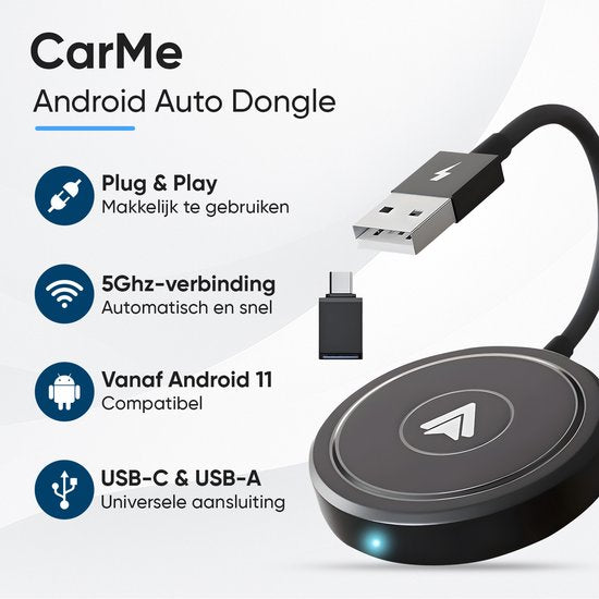 CarMe Luxe Android Auto Dongle - Draadloos Android Auto - USB-A & USB-C - Zwart