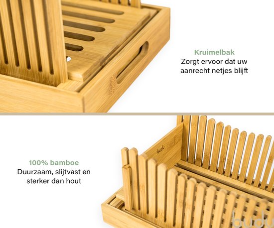 Budu broodsnijder bamboe – Broodsnijder hulpmiddel - Broodplank hout – Broodsnijplank met opvangbak - Bamboe - 30x20cm