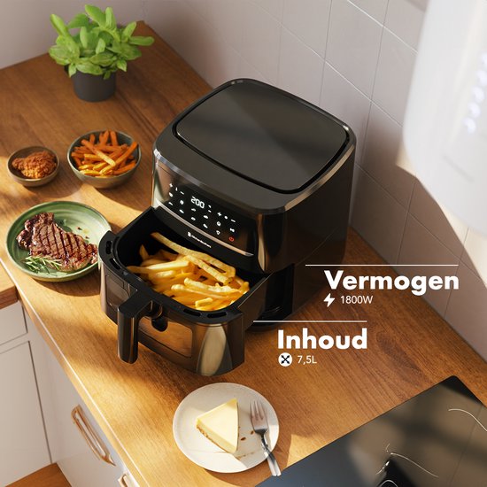 KitchenBrothers Airfryer XXL - 7.5L - 1800W - Heteluchtfriteuse - Dual Heating - 50ºC tot 200ºC - 10 Kookprogramma's - Zwart