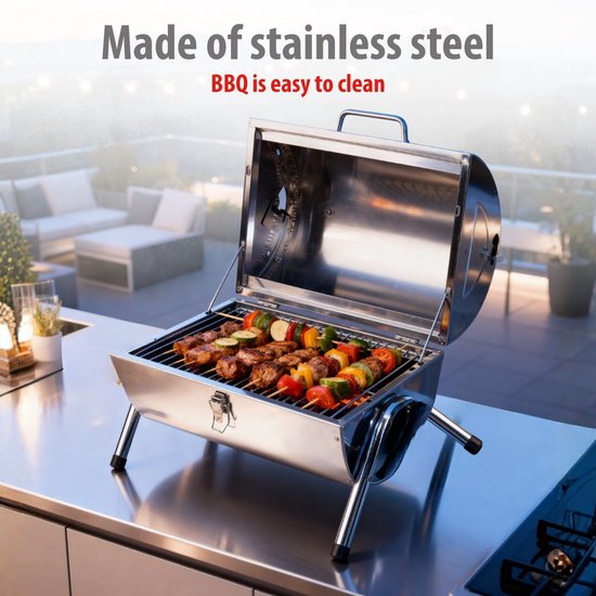 alpina Houtskool BBQ - Draagbare BBQ met Handgreep - Barbecue Camping met Ventilatie En Sluitclip - Houtskoolbarbecue Compact 38 x 30 x 19 cm - RVS
