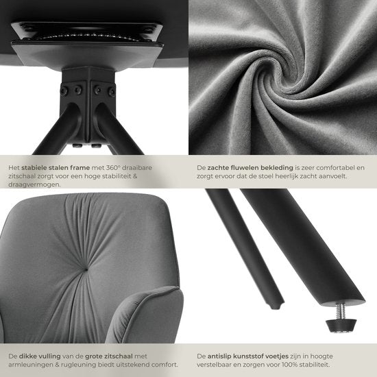 tectake® Draaifauteuil Lenia - Set van 2 Draaifauteuils met Armleuning - Draaibare Eetkamerstoel - Draaibare Fauteuils - Gestoffeerd - Fluweellook Antraciet/Zwart
