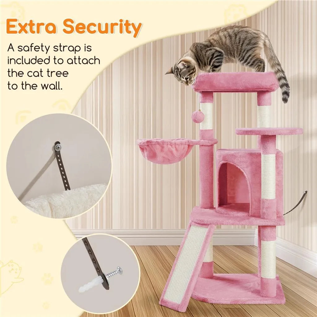 Yaheetech Krabpaal met Kattenhuis en Ligplatform - Lichtroze - 43,5 x 43,5 x 106 cm