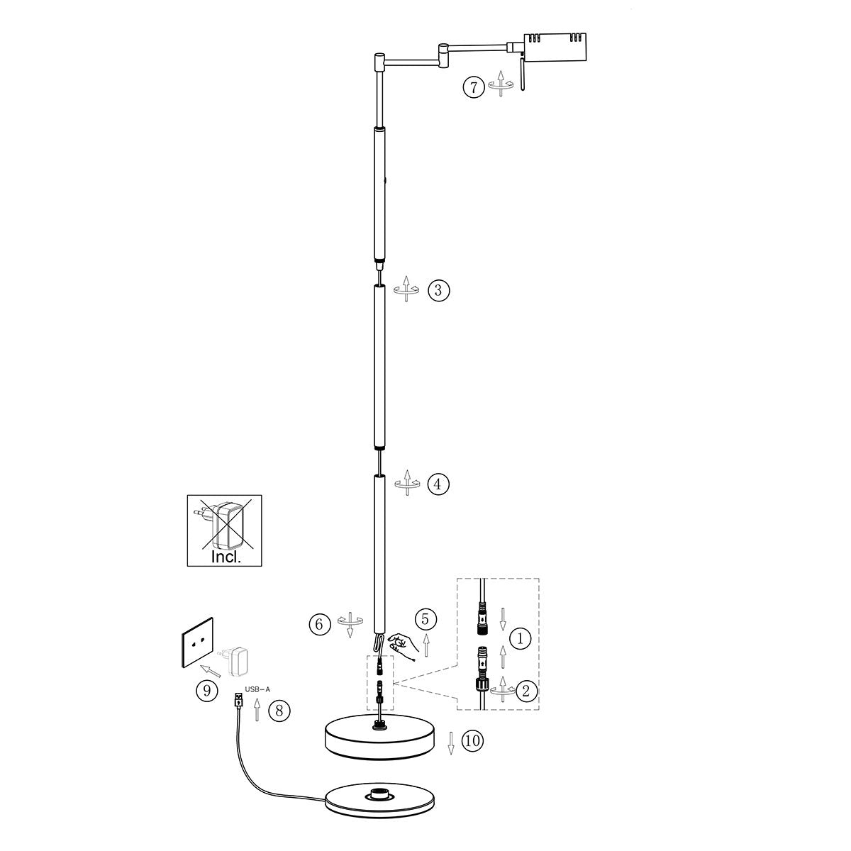 Vloerlamp GlowGo 4603BR - Bronzen klassieke vloerlamp van Mexlite met geïntegreerde accu, verstelbare arm en dimmer, hoogte 125 cm