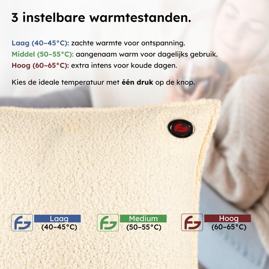 Warmtekussen – 3 warmtestanden – Warmtekussen Oplaadbaar – 10k mAh Powerbank – Draadloos – Warmte Kussen – 40 x 40 cm – Bouclé Off-white – Saaf Comfort