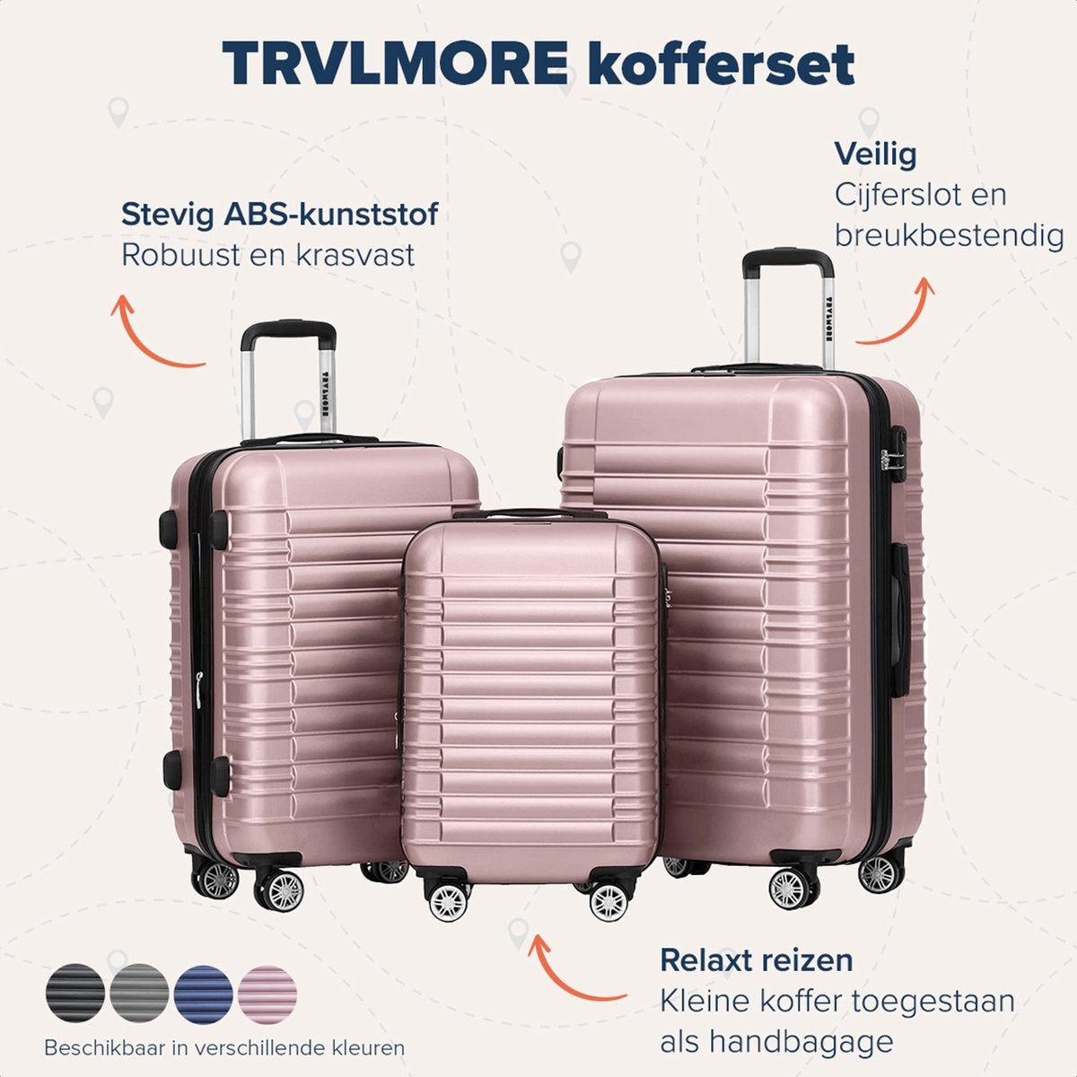 TRVLMORE Kofferset - 3 Delig - 38L Handbagage + 70L en 110L Ruimbagage - Roségoud