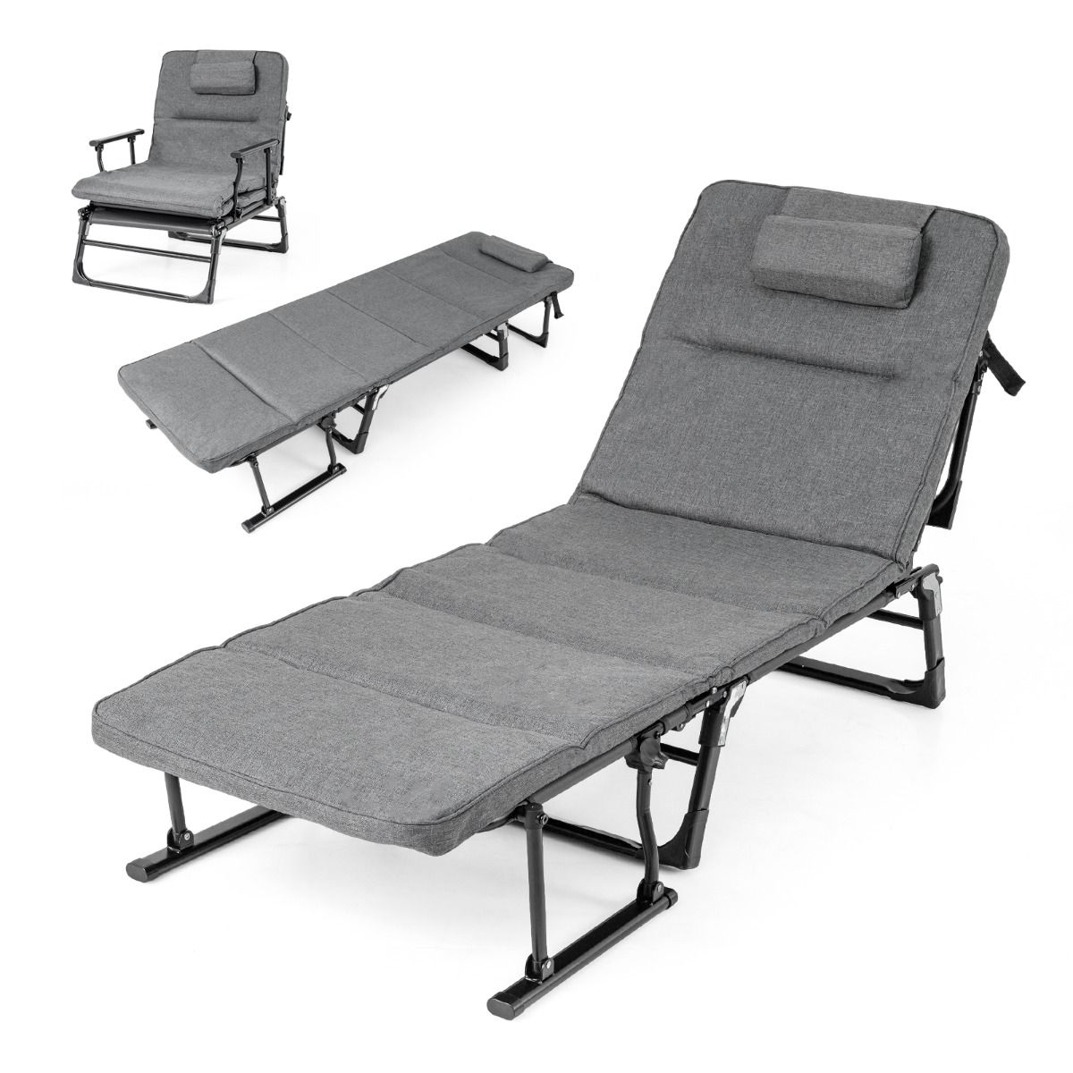 Coast Campingbed 3-in-1 Opvouwbaar Veldbed en Ligstoel - 6 standen - Grijs en Zwart