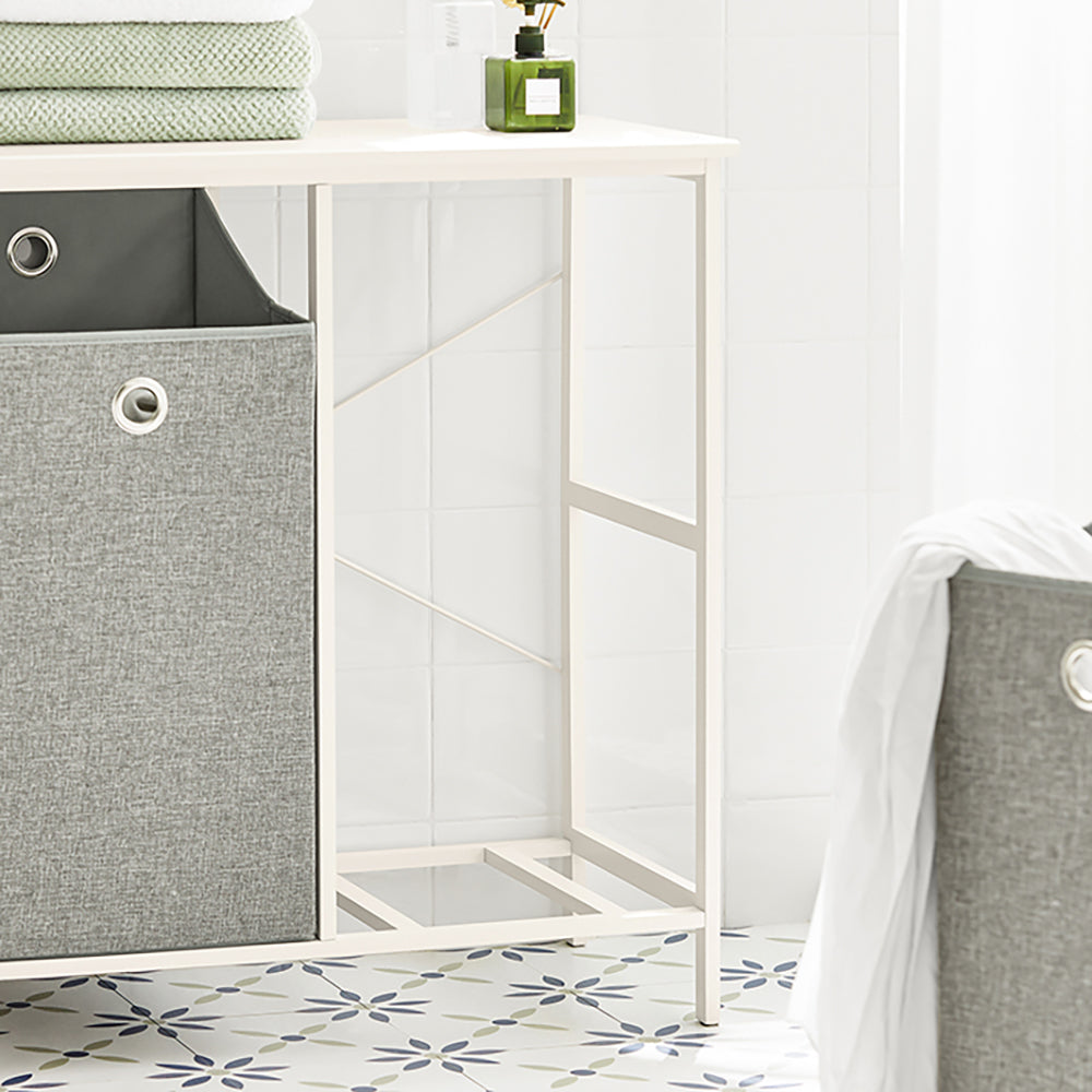 SoBuy Wasmand - BZR57-W - Incl. Legplank - 2 Compartimenten - 2 Verwijderbare Waszakken - Wit
