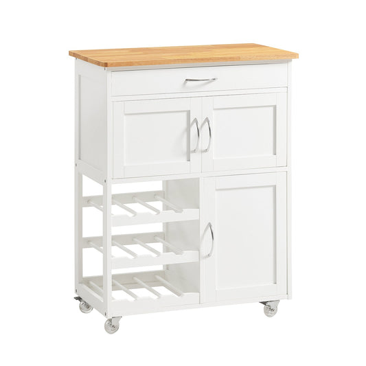 SoBuy Keukenwagen met 1 lade, 3 deuren & 3 wijn opbergplanken - Max. 30KG - 67 x 87 x 37 cm - Wit