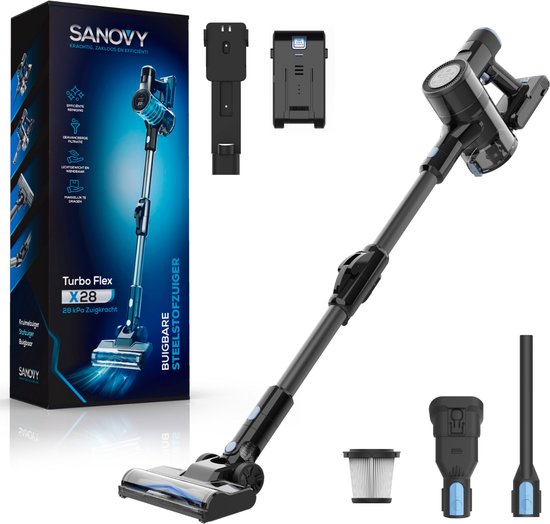 Sanovy Turbo Flex X28 Steelstofzuiger Draadloos - Zonder Zak - Op Accu - 350W - 28Kpa - Met Opzetstukken - Draadloze Stofzuiger Zonder Zak