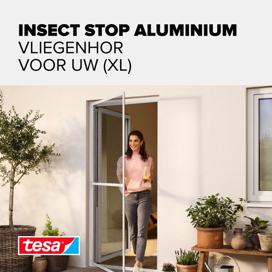 tesa INSECT STOP Aluminium For Doors Frame Fly Screen XL - hor met aluminium frame, helder zicht, wit - 120 x 240 cm