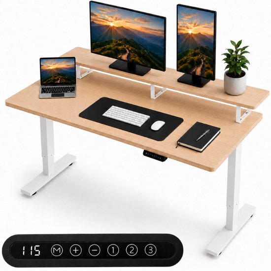 Organess Zit-sta Bureau - Elektrisch verstelbaar - 120 x 60 cm met Ophoging - Geheugenfunctie - Anti-botsing - Verstelbare Hoogte