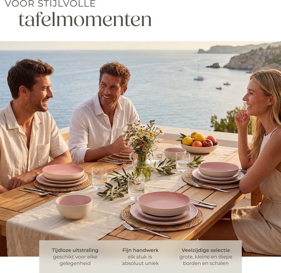 tectake® Serviesset Mare - 24-delig - Aardewerk met Glanzend Glazuur - 6 Persoons - Handgemaakt Servies - Moderne Bordenset met Grote en Kleine Borden, Kommen, Schaaltjes - Vaatwasser- en Magnetronbestendig - Roze