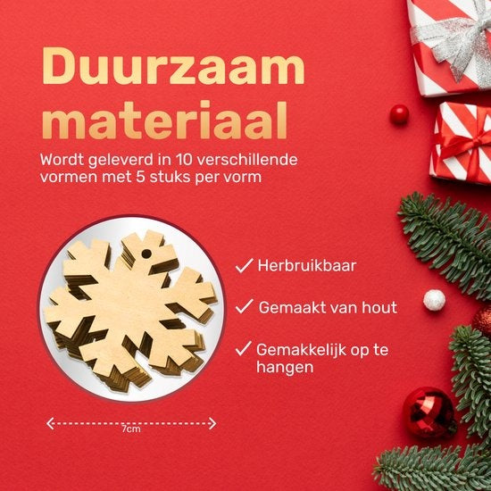 Giftmas Houten Kerstballen – Kerstversiering voor Binnen – Kerstbal van Hout – Kerst – 10 Vormen - ⌀7,5cm – 50 Stuks