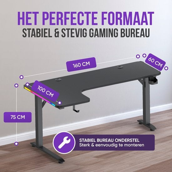Avalo - Gaming Bureau & L-Vormig Hoekbureau - 160x100x75 cm - Met RGB LED-verlichting - Bekerhouder & Headsethaak - RVS & ABS - Zwart