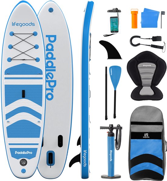 LifeGoods PaddlePro SUP Board - met Zitje - Opblaasbaar Paddle Board - Complete Set - Max. 135KG - 320x81cm - Wit/Sky Blue
