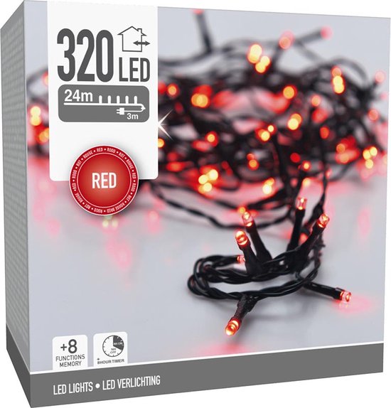 Kerstverlichting 320 led- 24m - rood - Timer - Lichtfuncties - Geheugen - Buiten -Binnen