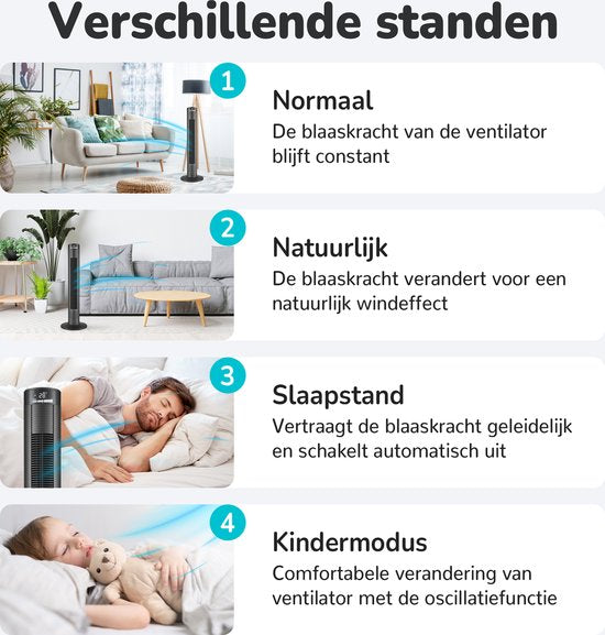 Bloomfold Toren Ventilator - 96,5 cm - Zwart - Afstandsbediening - Slaapstand - 12 uur Timer - Full Led Display