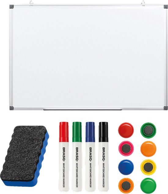 BRASQ Whiteboard 60x90 cm magnetisch – met accessoires set (markers, wisser, magneten) - Schoolbord - Magneetbord – Wit