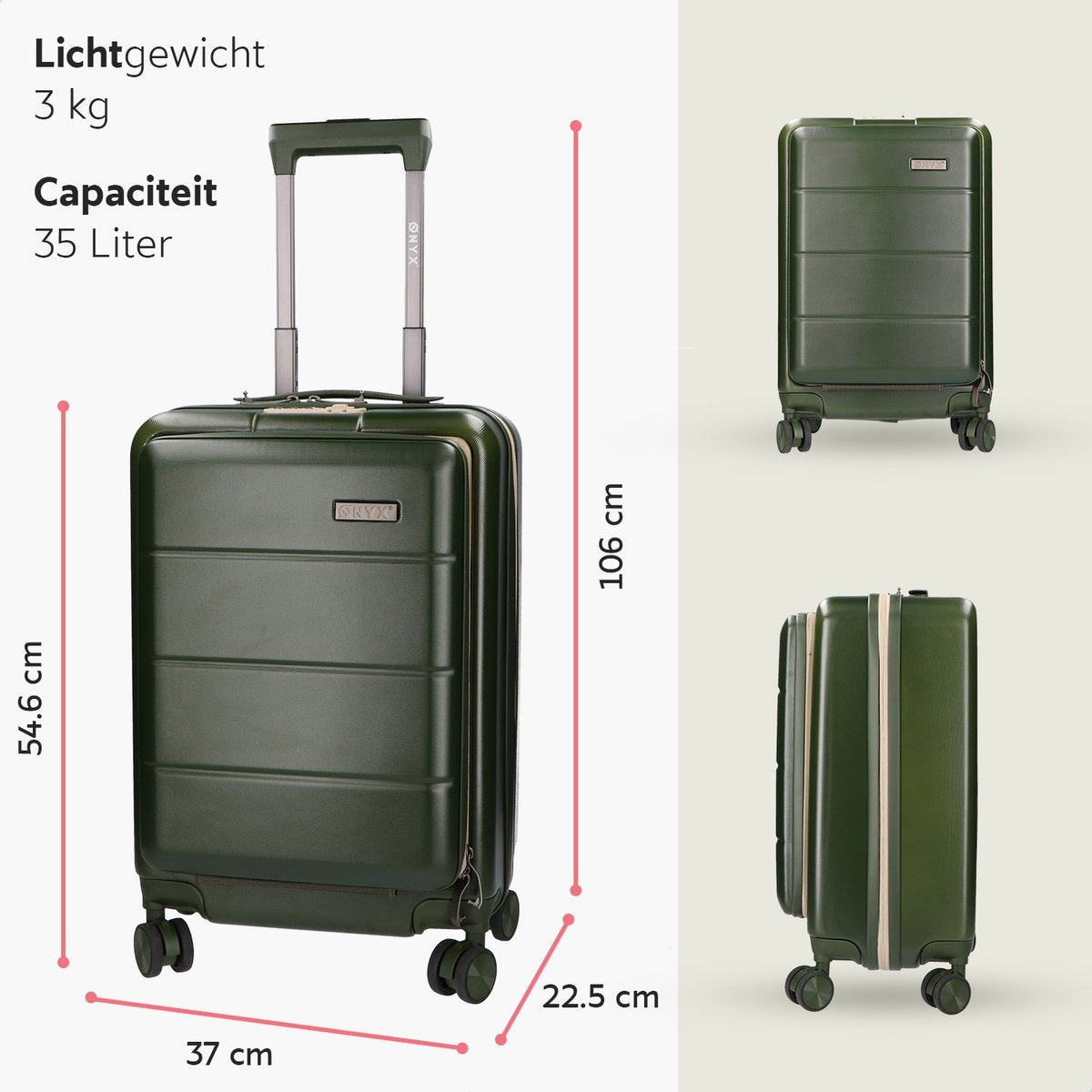 ONYX® Handbagage Koffer 35 L - Spinner wielen - Lichtgewicht Trolley - Dubbel TSA Slot - Handig voorvak - 55 cm - Olive