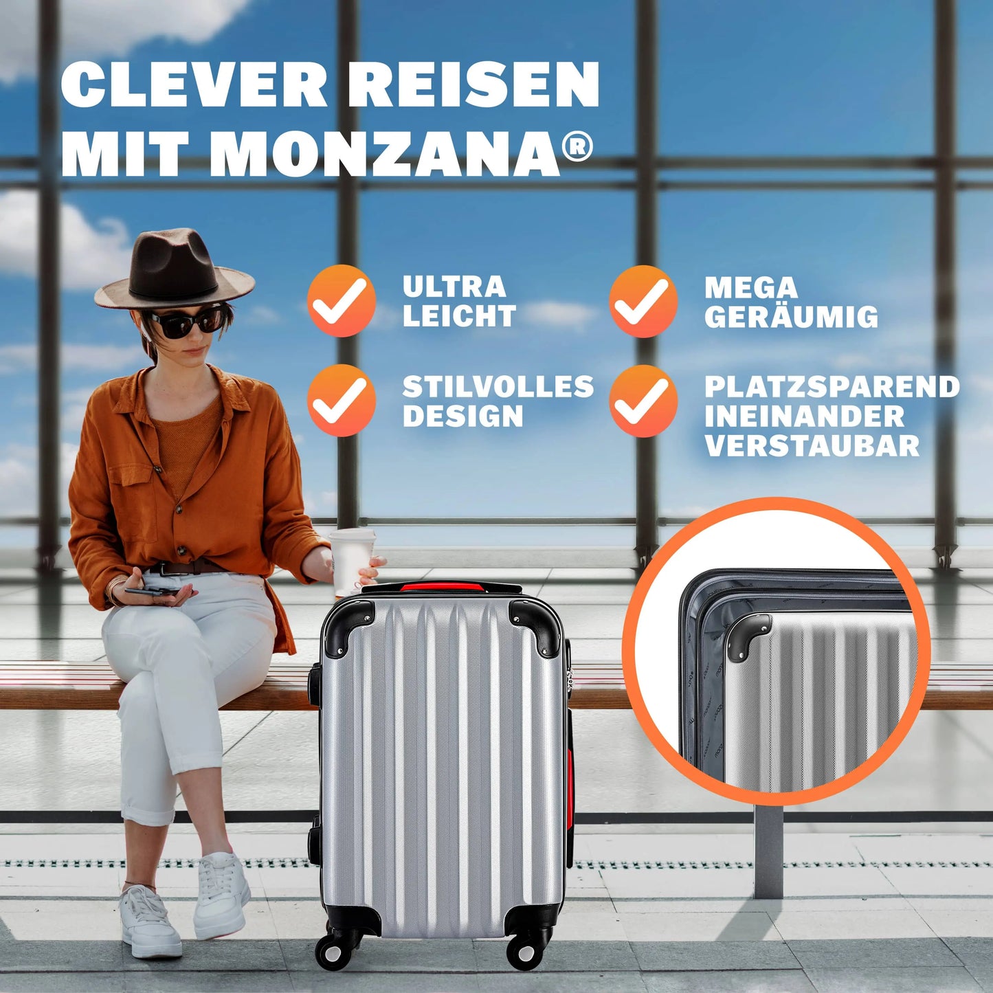 Hard Shell Koffer XL - 90L - 360° Wielen - ABS - Zilver