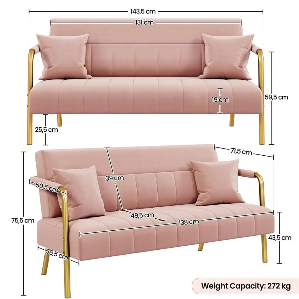 Yaheetech 2-zits Bank met Armleuningen en 2 Lendekussens - Roze - 143,5 x 71,5 x 75,5 cm