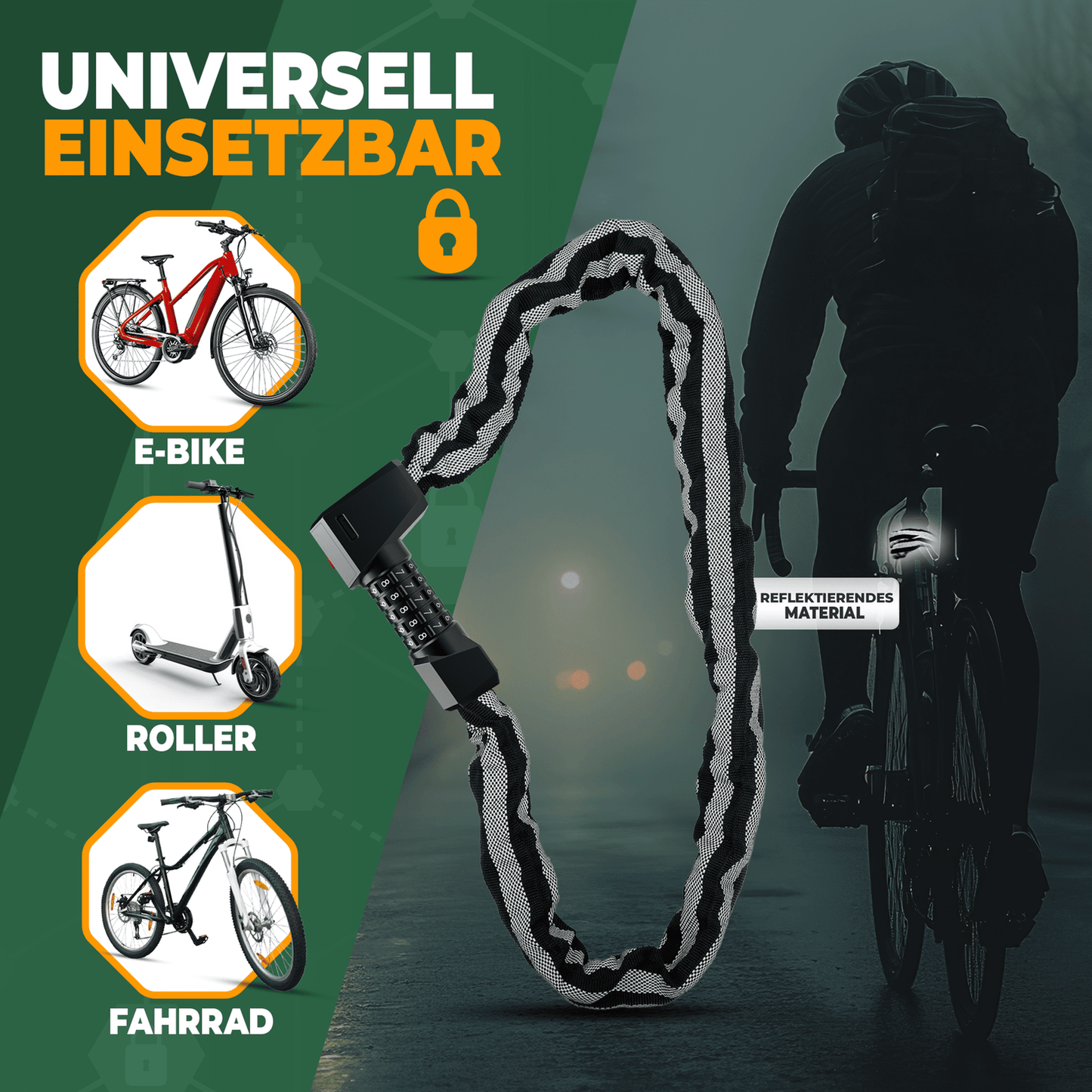 MIVELO - High-Security Kettingslot Met Cijferslot & LED - 100 cm Lang - Gehard Staal - 8 mm Dikte - Zwart