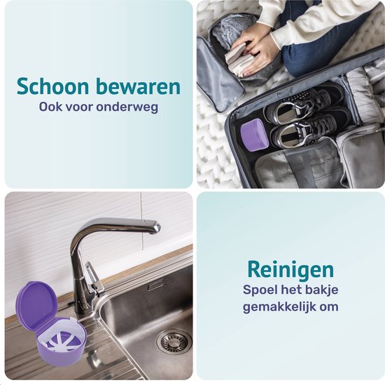 Gebitsbakje - Beugelbakje - Incl. Lekbakje - Paars - Voor - Beugel - Kunstgebit - Prothese - Beugelbakje - Beugeldoosje - Bakje