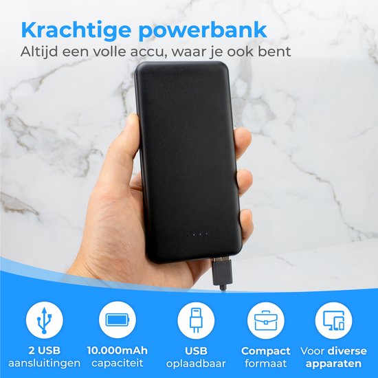 Nuvance - Powerbank 10000 mAh - Snellader - Compact Design - 2x USB, USB-C & Micro USB - Universele Powerbanks voor Smartphones, Tablets & Gadgets - Externe Batterij - Zwart