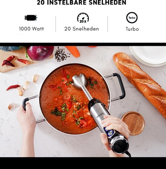 Safecourt Kitchen Staafmixer Set -  5 in 1 Multifunctionele Staafmixer - 20 Snelheden - 1000 Watt - Hakmolen - Inclusief Melkopschuimer & Maatbeker