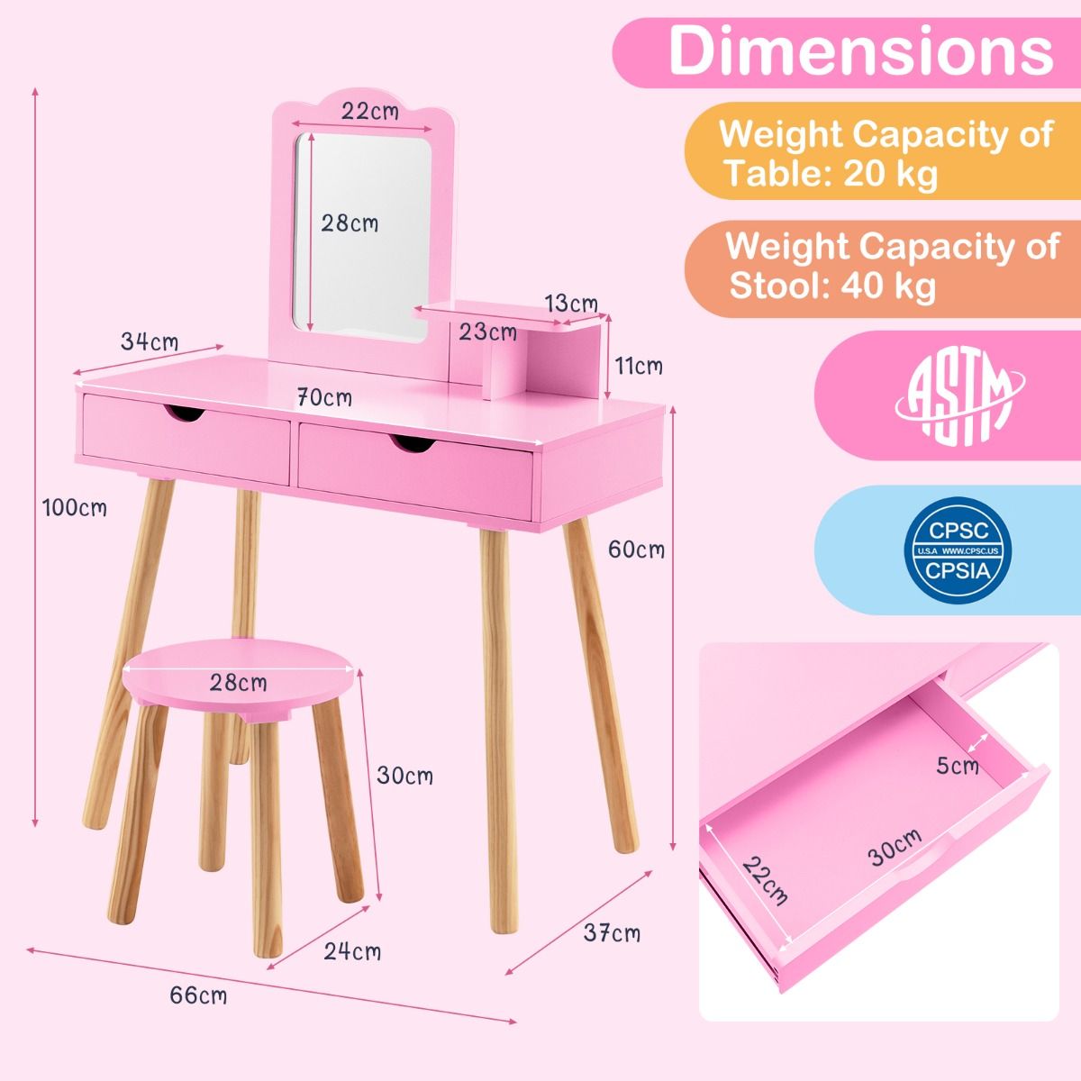 Coast Kaptafel voor kinderen - 2-in-1 met afneembare spiegel - twee lades en houten krukje - roze