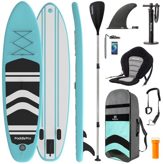 LifeGoods SUP Board - met Zitje - Opblaasbaar Paddle Board - Complete Set - Max. 135KG - 320x81cm - Mintgroen/Zwart
