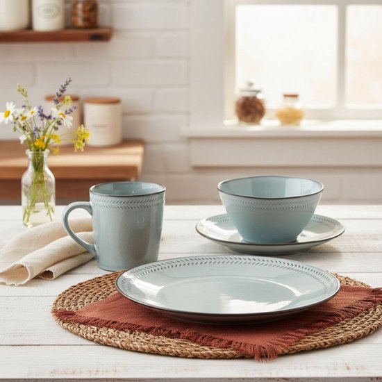 Mica Decorations Racco Serviesset 16-Delig - 4 Persoons - Ontbijtborden, Kommen en Mokken en Dinrborden - Steengoed Servies - Vaatwasserbestendige Servies Set - Lichtgrijs