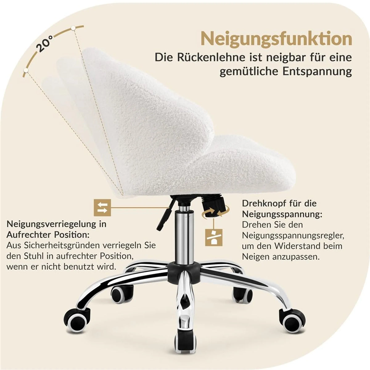 Yaheetech Elegante Draaistoel met Schelpdesign 76,5-86 cm – Schneeweiß – Polyester en Metaal