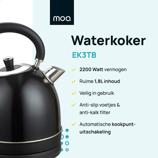 MOA Waterkoker Retro - 1,8 Liter - Elektrische Waterkoker - BPA-vrij - Anti Calcium Filter - RVS - 2200W- Zwart
