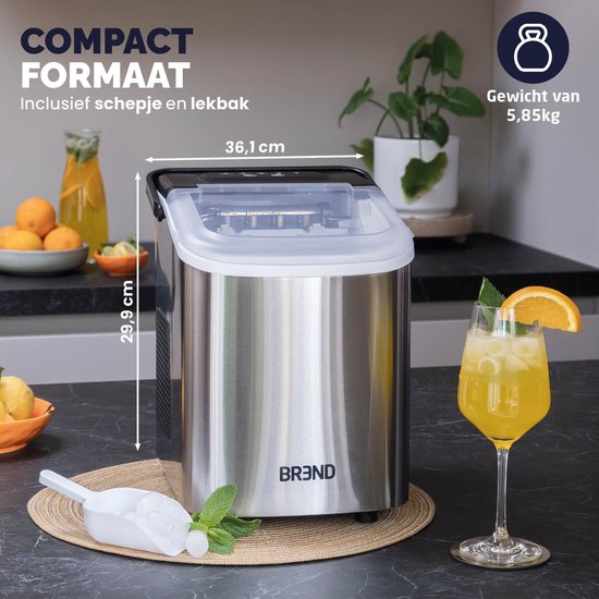 BREND BR-2213 IJsblokjesmachine met Schep en Lekbak - Grote L of Kleine S Ijsklontjes - Draagbare IJsblokjesmaker – 10 kg in 24 uur - Zilver