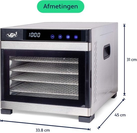 Vita5 Nobel Pro 6 Voedseldroger - Dehydrator 6 Laags - Droogoven RVS - 24-Uurs Timer - Led-bedieningspaneel - 650 Watt