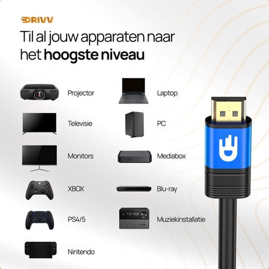 Drivv. Premium HDMI Kabel 2.1 - Ultra HD High Speed 8K - HDMI naar HDMI - Geschikt voor gameconsoles - 10 meter - Blauw