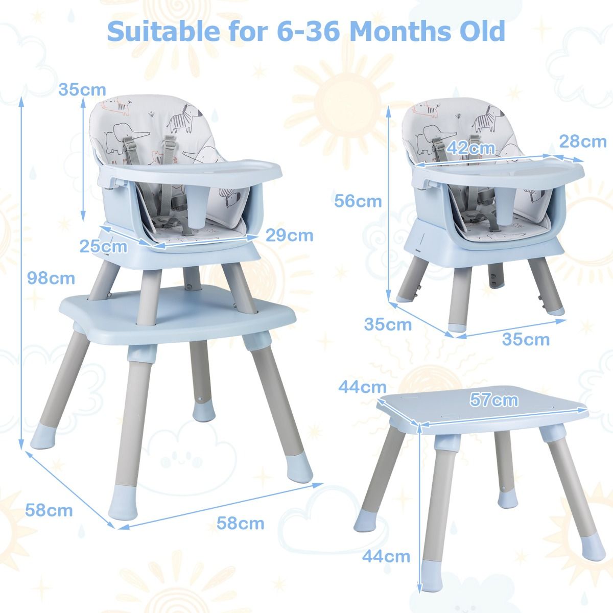 Coast Kinderstoel 6-in-1 - Stoelverhoger en Bouwsteentafel - Inclusief Krukje en 5-puntsgordel - Lichtgrijs