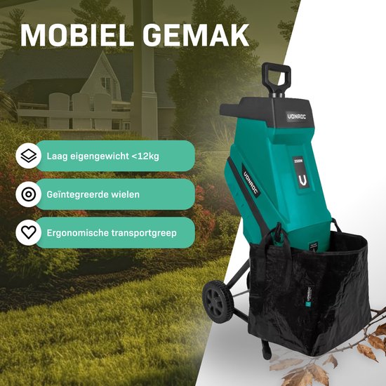 VONROC Hakselaar/Shredder 2500W – Voor takken tot Ø45mm – Incl. 45L opvangzak & duwstok