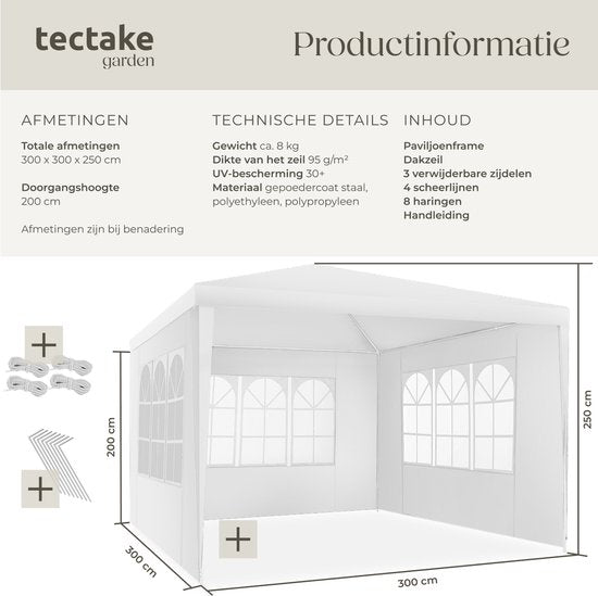 Tectake Partytent - Paviljoen - Opvouwbaar - Met Zijwanden - Waterdicht - 300 x 300 cm – Wit