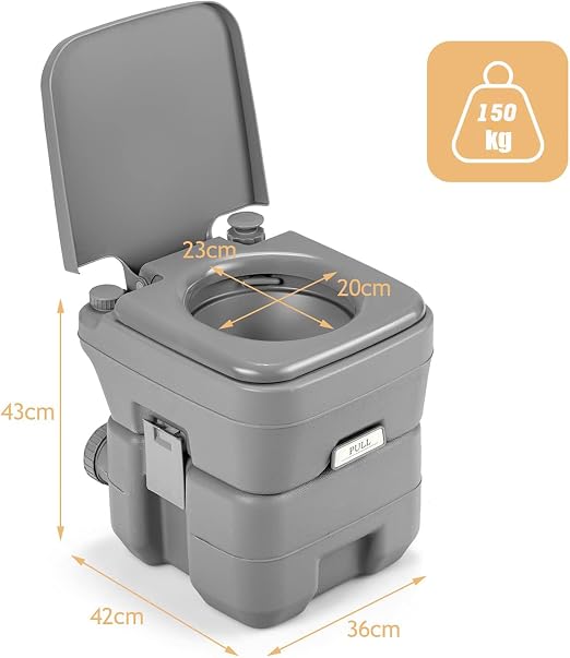 Goplus Draagbaar Campingtoilet 20L + 10L – HDPE – Spoelsysteem – Tot 200 kg – Grijs