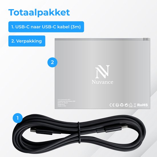 Nuvance Usb C Kabel - 100W - Usb C naar Usb C - 3 Meter - Usb-C Kabels - Snellader - 480Mb/ps Data - Usb C Oplader - Zwart