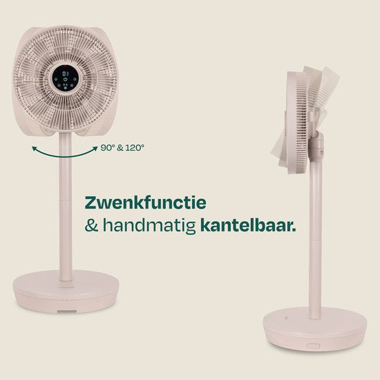 VONROC BREEZE Draadloze Ventilator – Fluisterstil (<44 dB) – 24 snelheden – lichtgewicht en draagbaar - 3 windmodi: Natuurlijk, Slaap, Normaal – Modulair: tafelventilator én vloerventilator – Luxe touch display – Incl. afstandsbediening – Beige